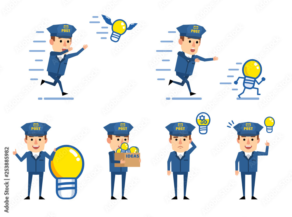 Set of funny postman characters posing with idea light bulbs. Cheerful mailman pointing to idea, holding box full of ideas and showing other actions. Flat style vector illustration