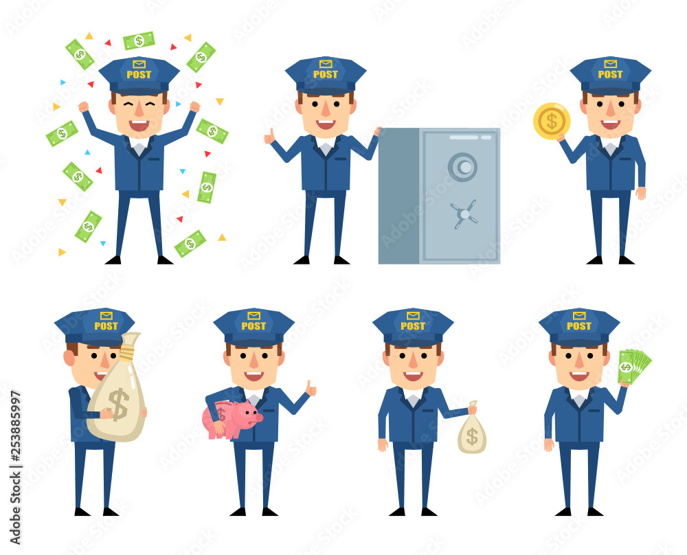 Set of cheerful postman characters posing with money. Funny mailman holding money bag, posing with safe, piggy bank and showing other actions. Flat style vector illustration Set of cheerful postman characters posing with money. Funny mailman holding money bag, posing with safe, piggy bank and showing other actions. Flat style vector illustration
