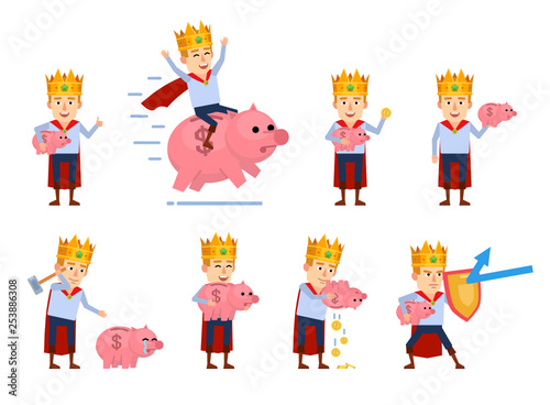 Set of young king characters posing with piggy bank in different situations. Cheerful medieval prince holding piggy bank, saving money and showing other actions. Flat style vector illustration