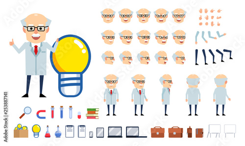 Old professor creation kit. Create your own pose, action, animation. Various emotions, gestures, design elements. Flat design vector illustration