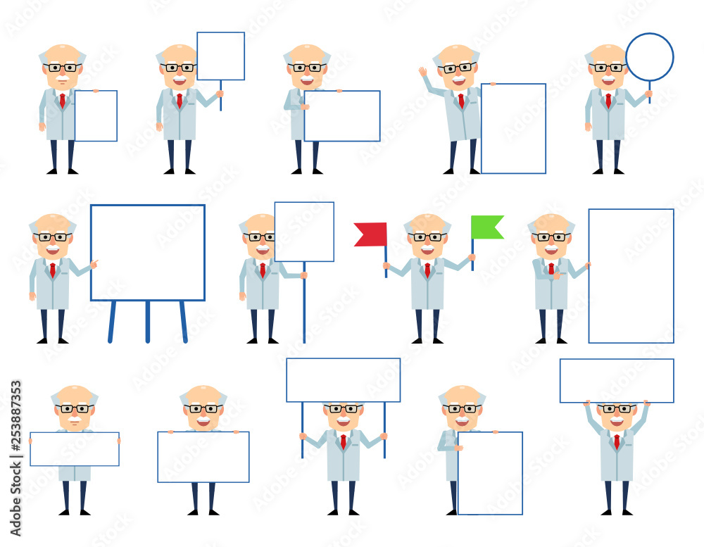 Set of old professor characters posing with various blank signboards. Cheerful scientist holding paper, banner, poster, pointing to whiteboard. Flat design vector illustration Set of old professor characters posing with various blank signboards. Cheerful scientist holding paper, banner, poster, pointing to whiteboard. Flat design vector illustration