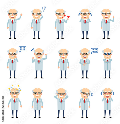 Set of old professor character showing various emotions. Cheerful scientist laughing, crying, angry, tired and showing other emotions. Flat design vector illustration
