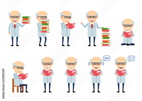Set of old professor characters with book showing various actions. Cheerful scientist reading book, laughing, crying, surprised and showing other actions. Flat design vector illustration