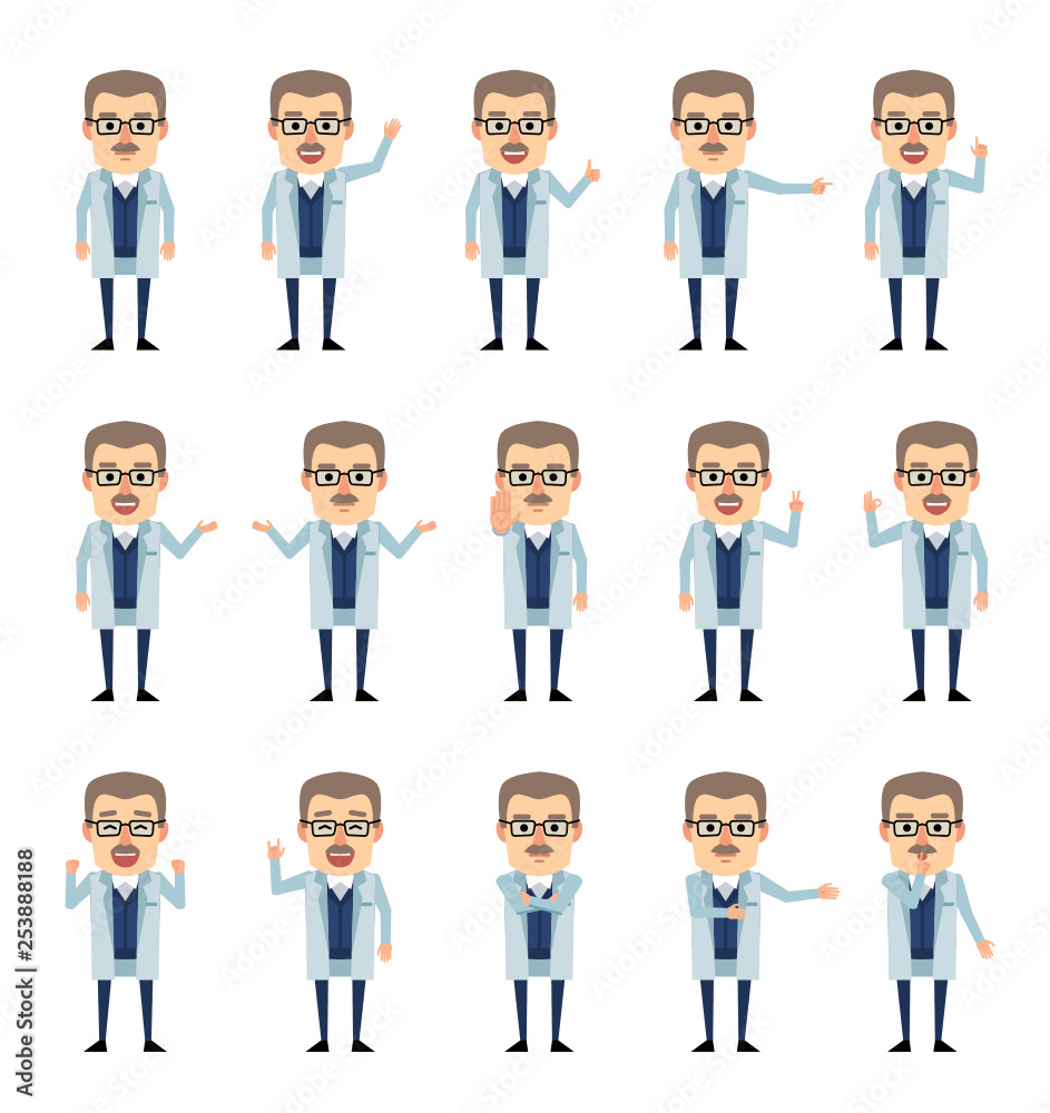 Set of old professor characters showing various hand gestures. Cheerful scientist pointing, greeting, showing thumb up and other gestures. Flat design vector illustration Set of old professor characters showing various hand gestures. Cheerful scientist pointing, greeting, showing thumb up and other gestures. Flat design vector illustration