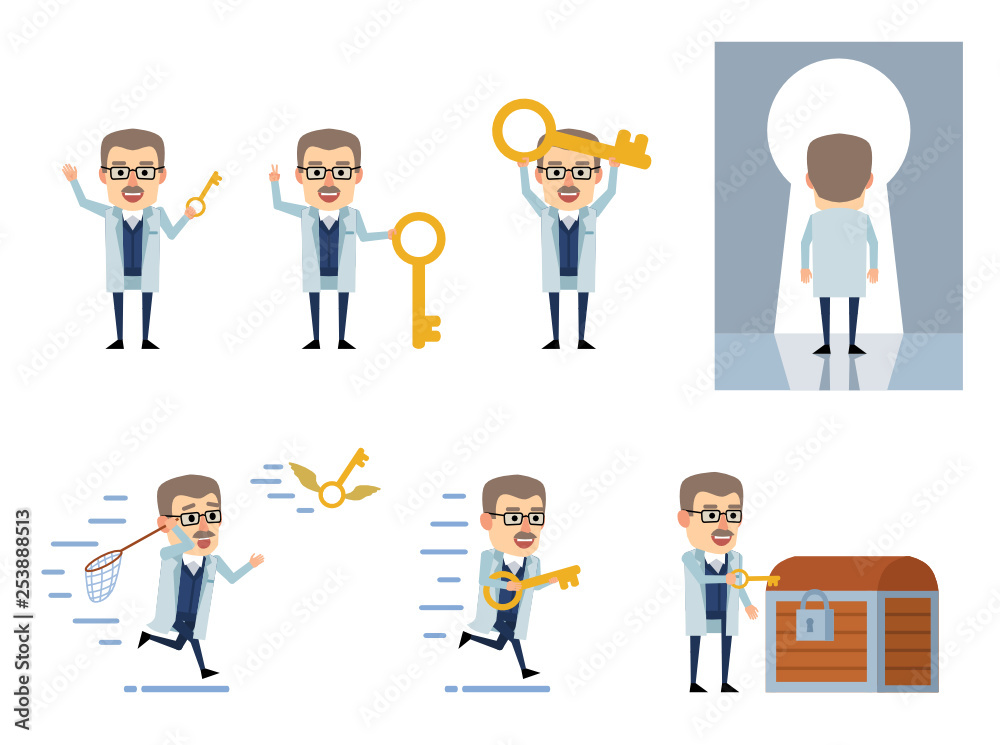 Set of old professor characters with big key posing in various situations. Cheerful scientist holding key, running and showing other actions. Flat design vector illustration Set of old professor characters with big key posing in various situations. Cheerful scientist holding key, running and showing other actions. Flat design vector illustration