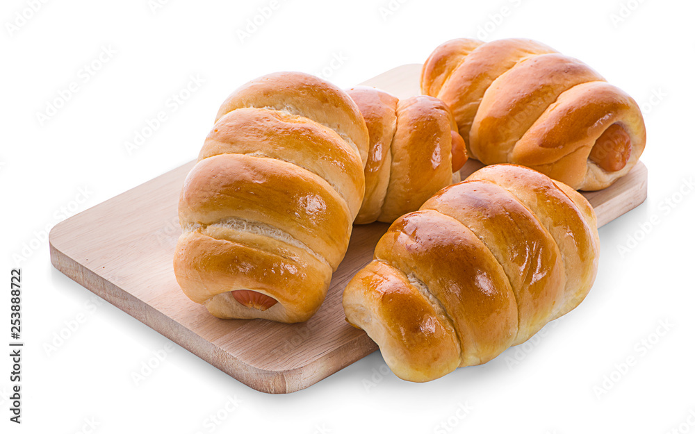 Sausage in dough .Isolated on white background Sausage in dough .Isolated on white background