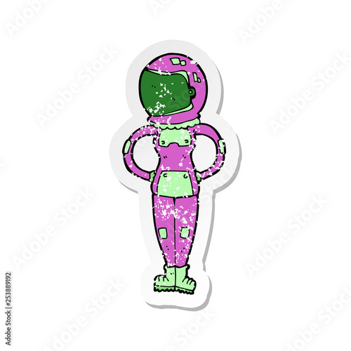 retro distressed sticker of a cartoon female astronaut