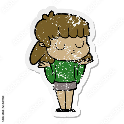 distressed sticker of a cartoon indifferent woman