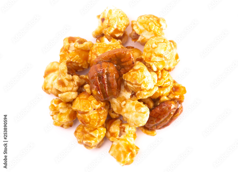 Pile of Caramel Pecan Popcorn on a White Background Pile of Caramel Pecan Popcorn on a White Background