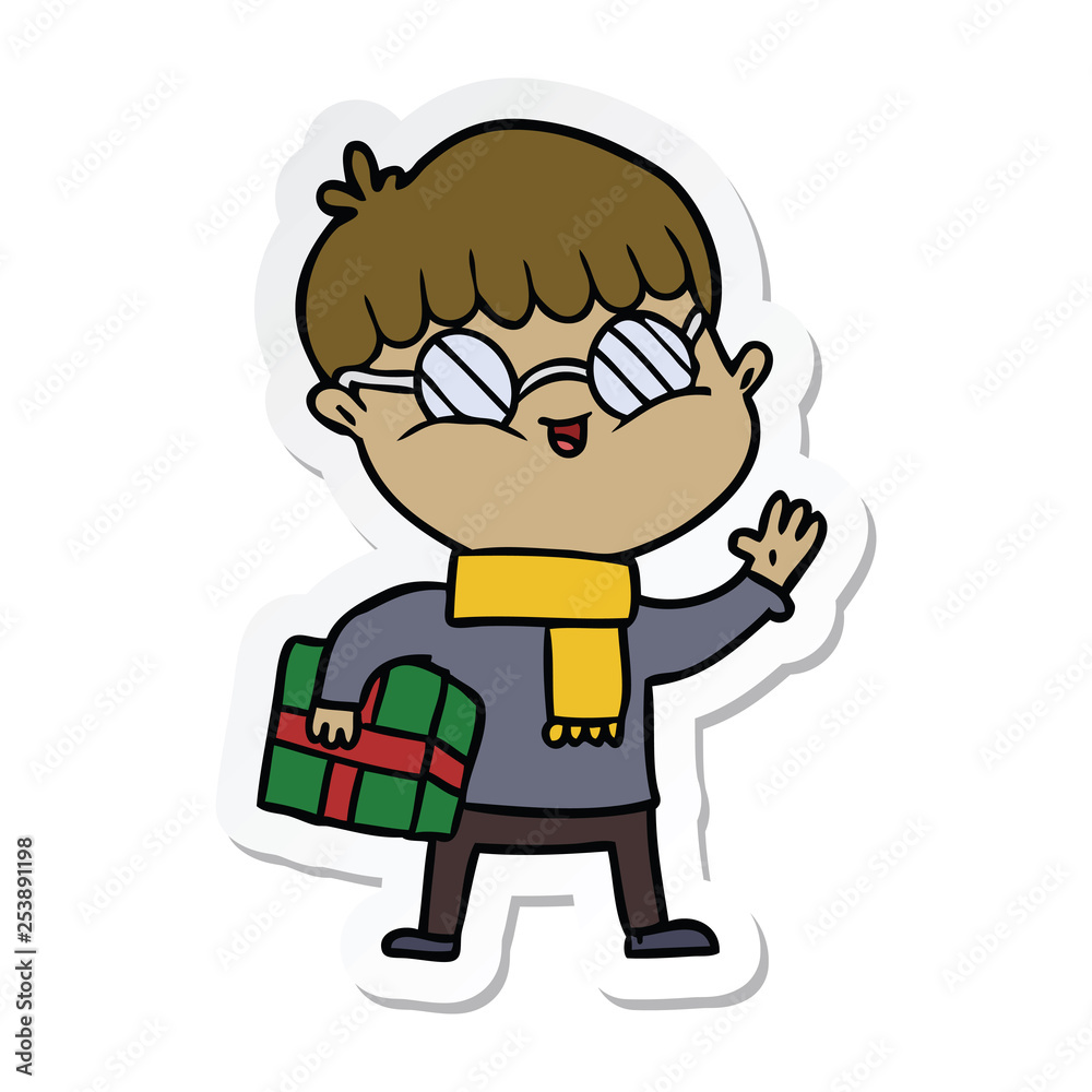 sticker of a cartoon boy wearing spectacles carrying gift