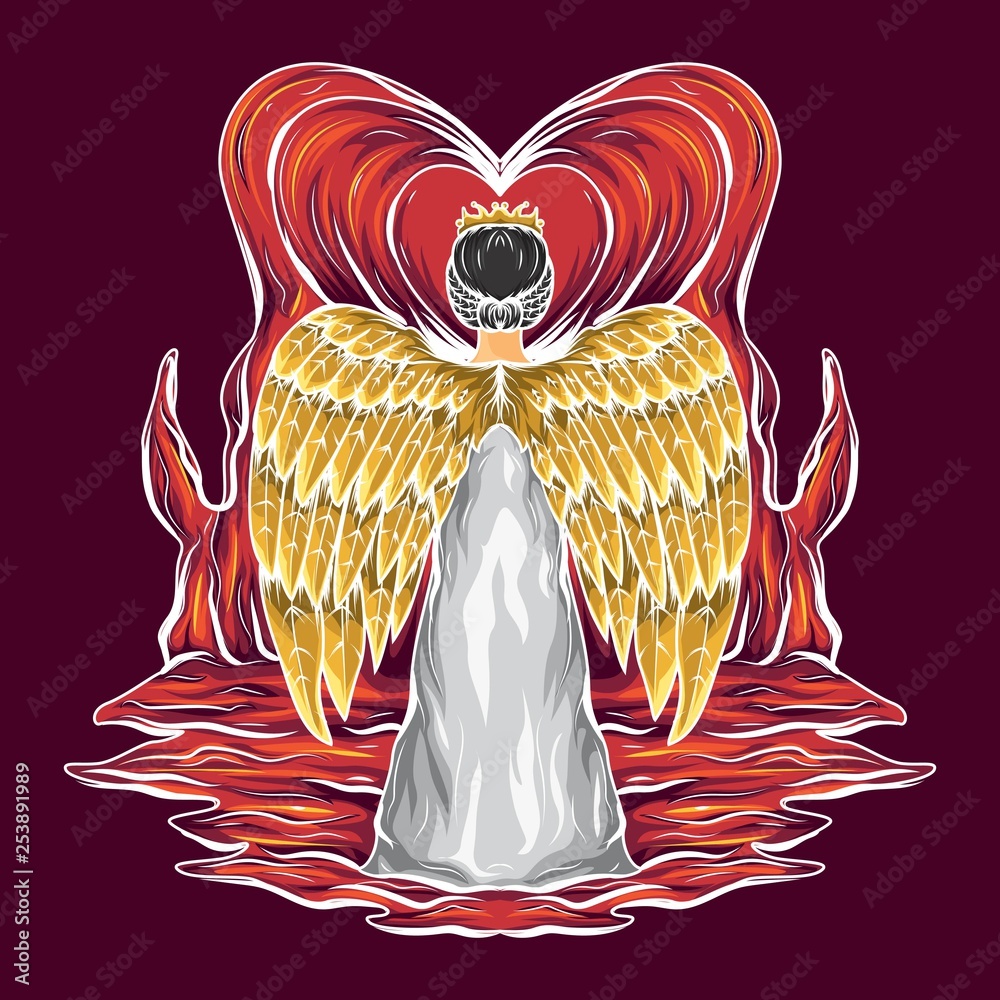 Illustration of angel goddess of love with golden wings with a white dress  facing back Stock Illustration | Adobe Stock