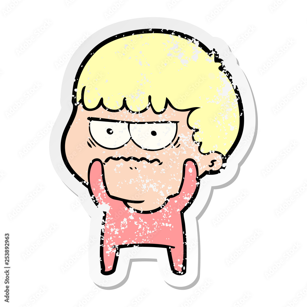 distressed sticker of a cartoon annoyed man