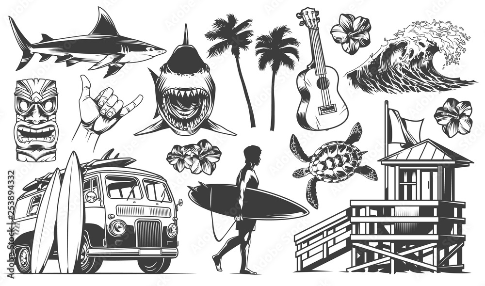 Vintage surfing elements monochrome collection - obrazy, fototapety, plakaty 