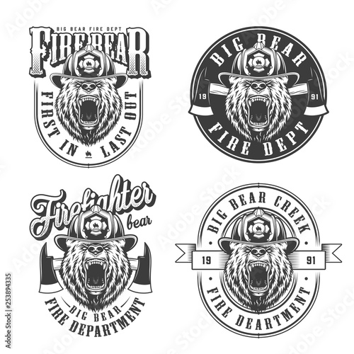 Vintage monochrome firefighting emblems set