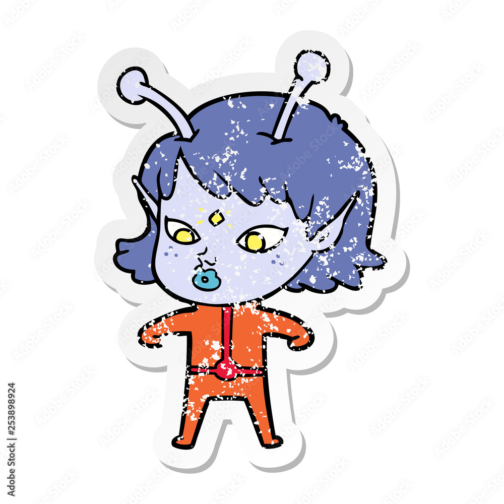Fototapeta premium distressed sticker of a pretty cartoon alien girl