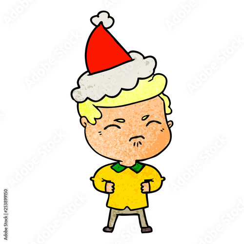 textured cartoon of a annoyed man wearing santa hat