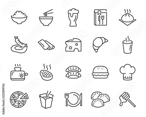 set of food icons ,such as bread, rice, meat, drink
