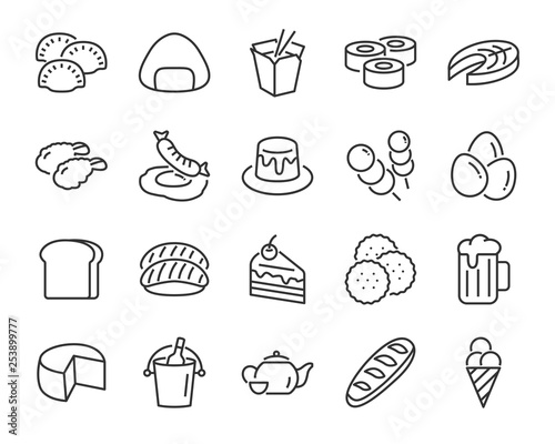 set of food icons ,such as bread, rice, meat, drink