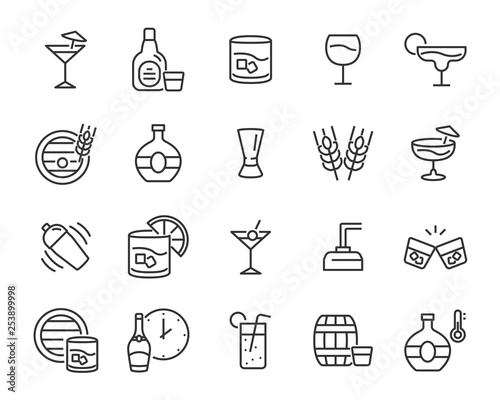 set of alcohol icons, such as whisky, drink, cocktail, bar, glass