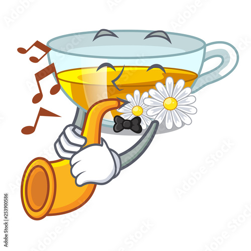 With trumpet chamomile tea in the cartoon shape