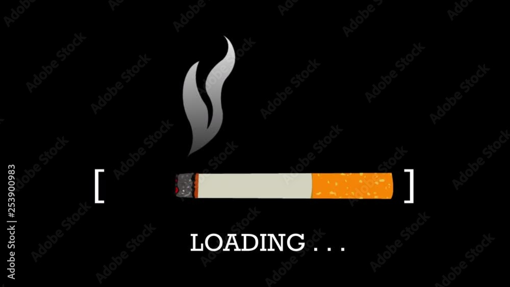 Animation flat style of a loading bar made with a cigarette consuming from right to left, with smoke moving and LOADING written under with suspension points creating. Alpha channel included