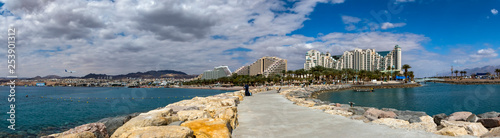 Panoramic view on Eilat from central public walking pier in Eilat - famous tourist resort and recreational city in Israel