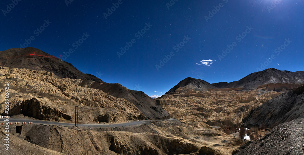 Fototapeta premium Dry cold dessert landscape of Lamayuru in Ladakh at night
