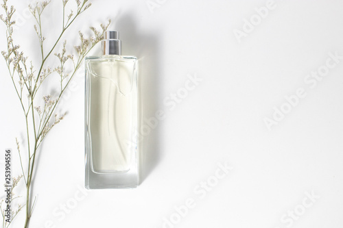 top view glass perfume bottle package product cosmetic beauty cologne aroma with with background photo