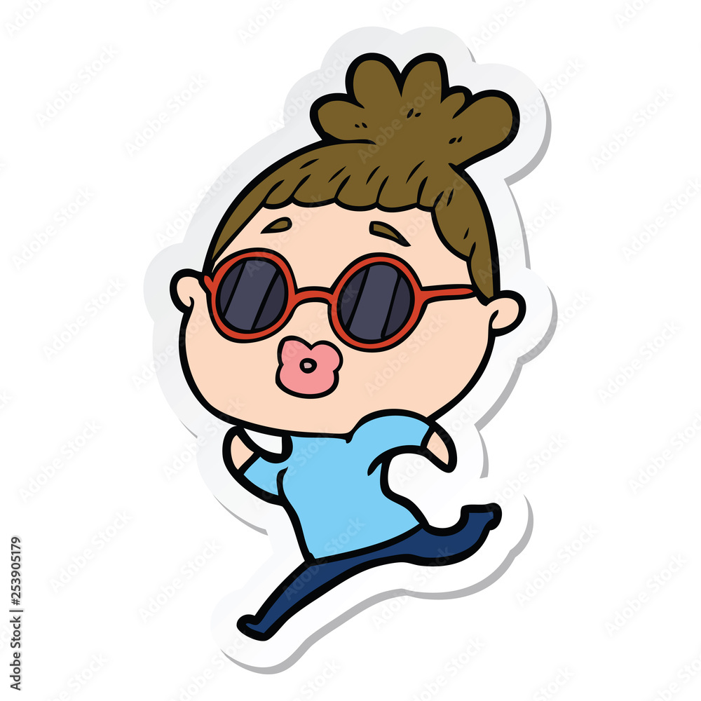 sticker of a cartoon woman running wearing sunglasses