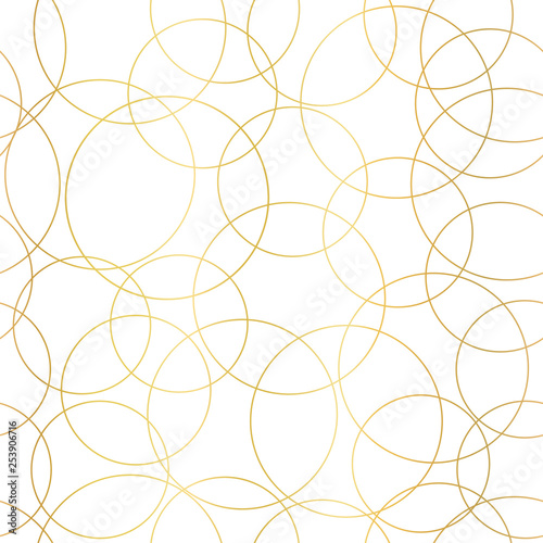 Gold foil circles abstract seamless vector pattern. Modern elegant background shiny golden overlapping circles on white. Design for web banner  blog  wedding  digital paper  celebration  invite
