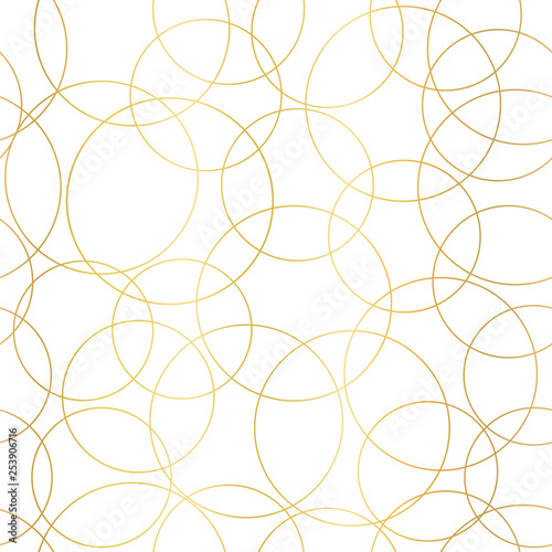 Gold foil circles abstract seamless vector pattern. Modern elegant background shiny golden overlapping circles on white. Design for web banner, blog, wedding, digital paper, celebration, invite