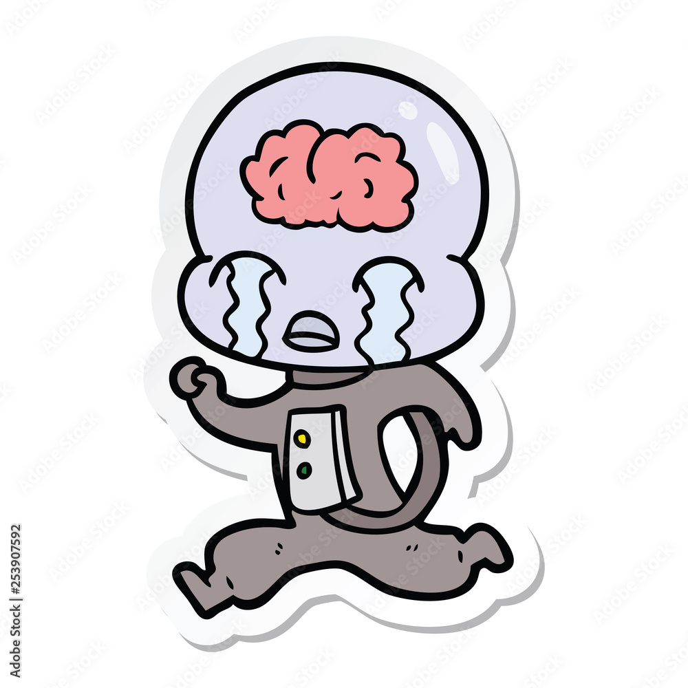 sticker of a cartoon big brain alien crying running sticker of a cartoon big brain alien crying running