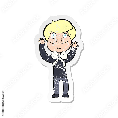 retro distressed sticker of a cartoon man wearing bow tie