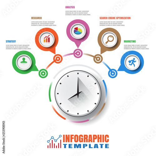 Business modern timeline infographic clock designed for template background elements diagram planning process web pages workflow digital technology data presentation chart. Vector illustration