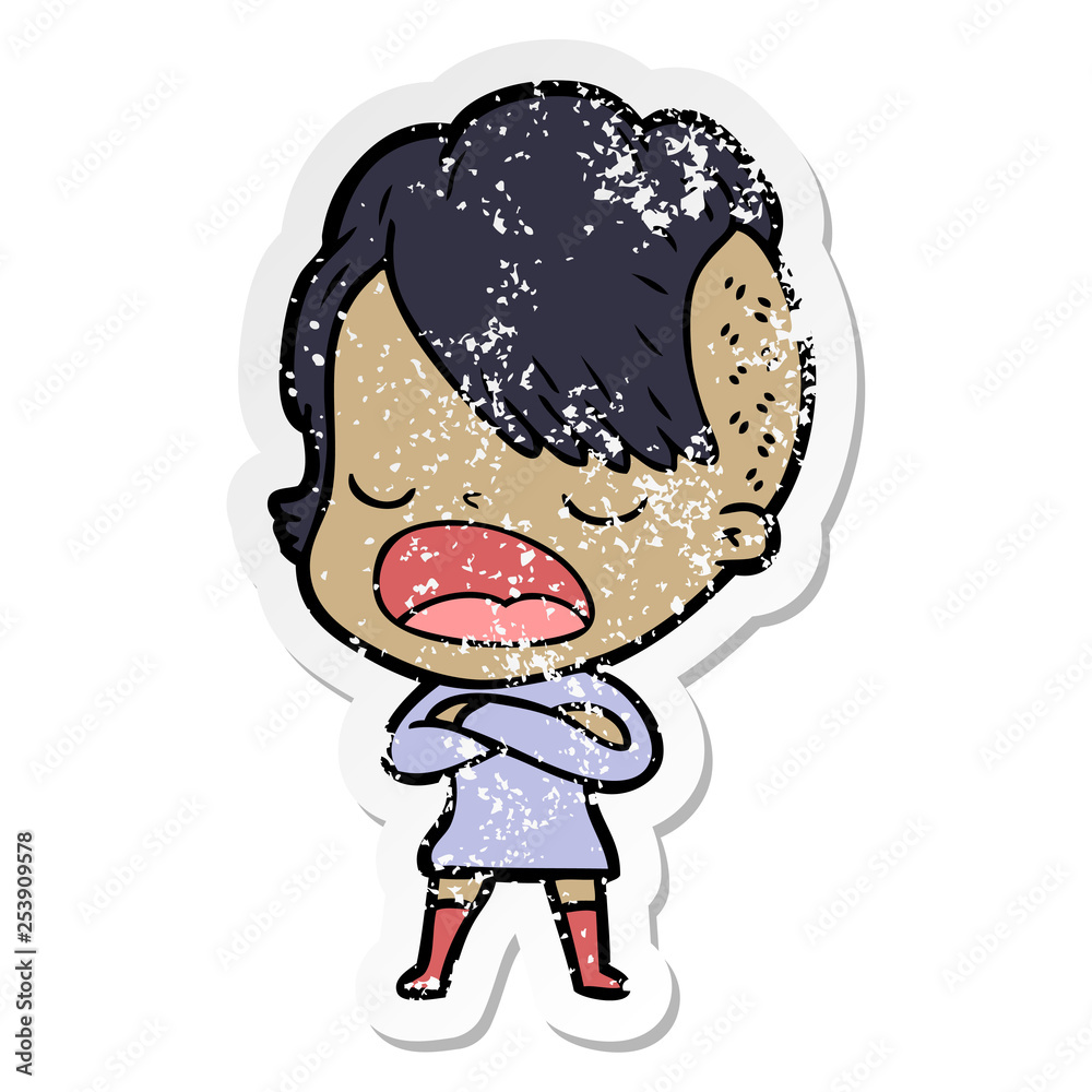 distressed sticker of a cartoon cool hipster girl talking
