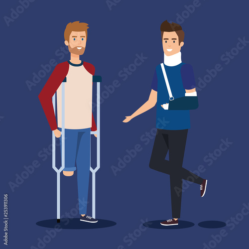 disabled man with crutches and person with hand fracture