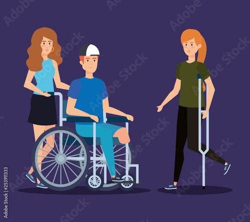 man sitting in the chair and woman with crutches