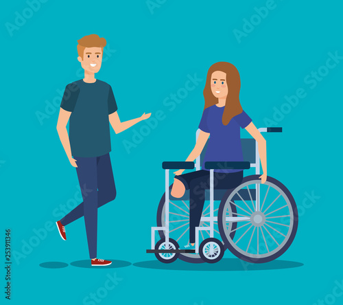 person and disabled woman sitting in the wheelchair