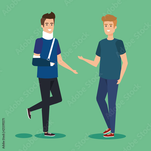 person and disabled man with hand fracture