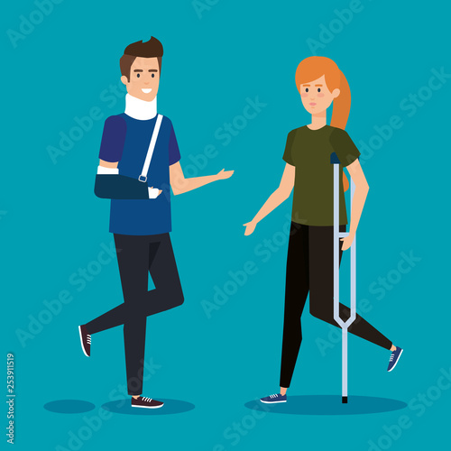man with orthopedic collar and woman with crutches