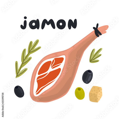 Jamon - traditional Spanish delicacy, dry pork ham. Jamon, сheese, rosemary, and olives on a white background. Excellent design for menu, brochures, poster, card etc.
