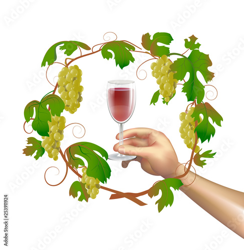 Autumn Wine festival poster design. White grape wreath and human hand.