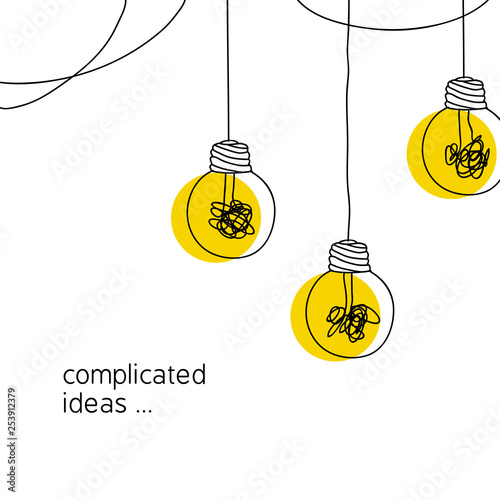 no creativity complicated idea concept illustration. simple line hanging light bulb with yellow background and tangled filament thread vector background design.