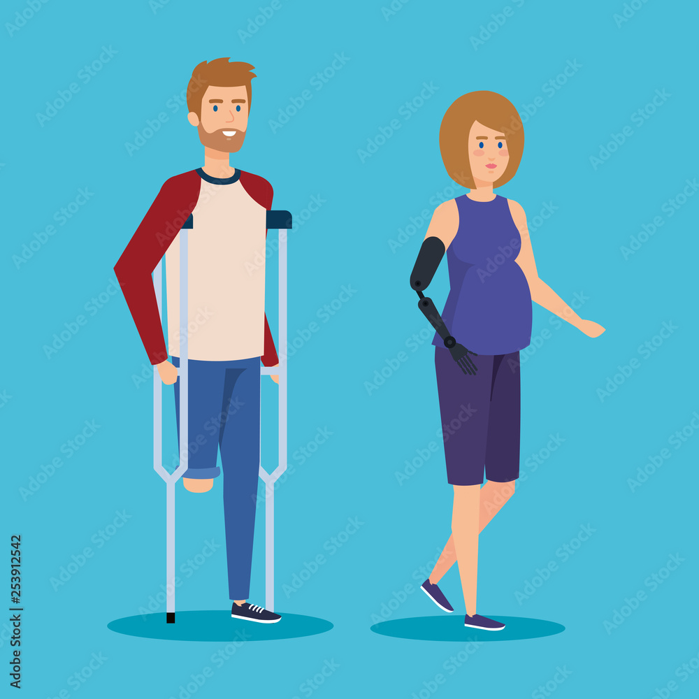man walking with crutches and woman with hand prosthesis man walking with crutches and woman with hand prosthesis