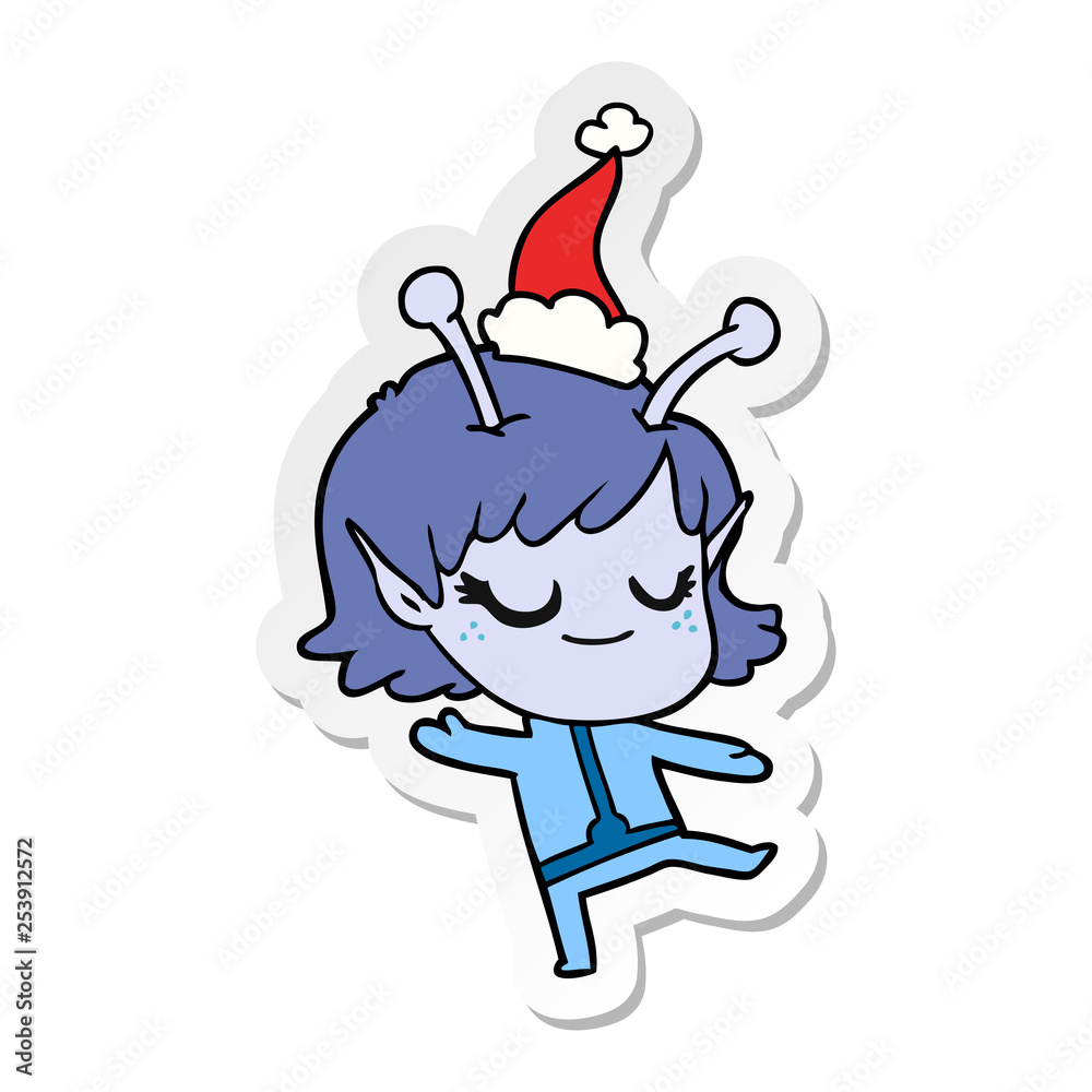 smiling alien girl sticker cartoon of a wearing santa hat smiling alien girl sticker cartoon of a wearing santa hat