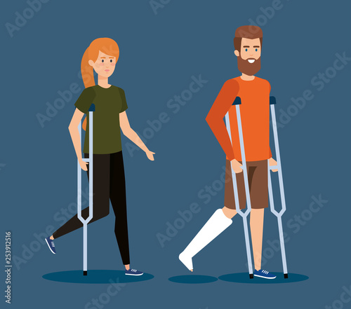 disabled woman and man walking with crutches