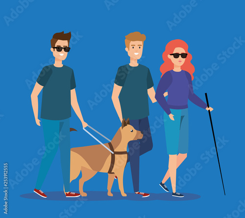 disabled people wearing sunglasses with dog and stick