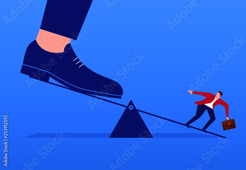 Businessman uses the seesaw to defeat the giant