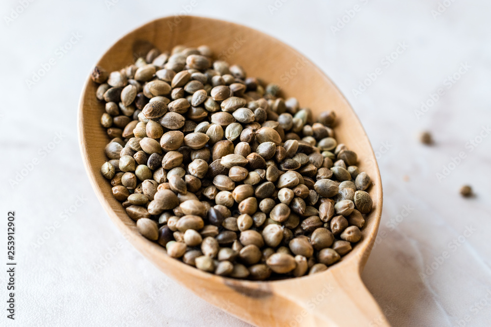 Organic Roasted Hemp Seeds in Wooden Spoon. Organic Roasted Hemp Seeds in Wooden Spoon.