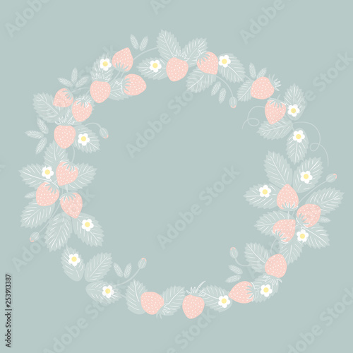 Summer or spring season frame with strawberry, leaves and flowers. Decoration element for cards and seasonal decor. Frame background pasterl pink and blue colors © KatiaZhe
